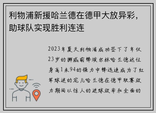利物浦新援哈兰德在德甲大放异彩，助球队实现胜利连连