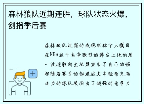 森林狼队近期连胜，球队状态火爆，剑指季后赛